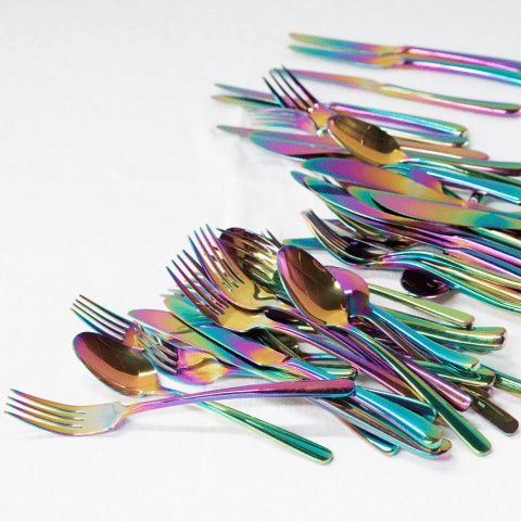 Rainbow iridescent cutlery ex-rental for 10 guests