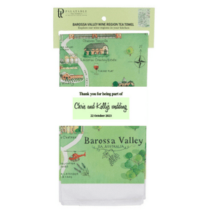 customised corporate or wedding guest gift Barossa Valley tea towel with custom belly band set of 100