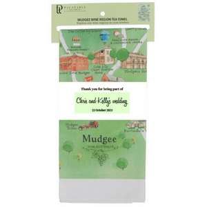 customised corporate or wedding guest gift Mudgee tea towel with custom belly band set of 100