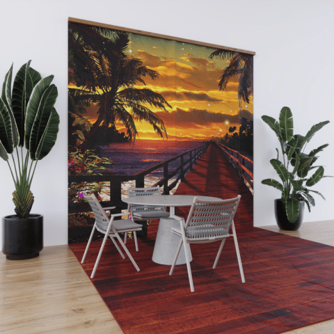 3D photographic backdrop of tropical sunset