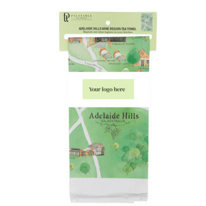 customised corporate or wedding guest gift Adelaide Hills tea towel with custom belly band set of 100