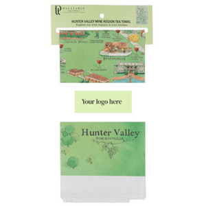 customised corporate or wedding guest gift Hunter Valley tea towel with custom belly band set of 100