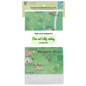 customised corporate or wedding guest gift Margaret River tea towel with custom belly band set of 100
