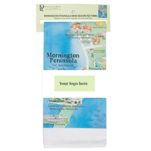 customised corporate or wedding guest gift Mornington Peninsula tea towel with custom belly band set of 100