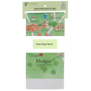 customised corporate or wedding guest gift Mudgee tea towel with custom belly band set of 100