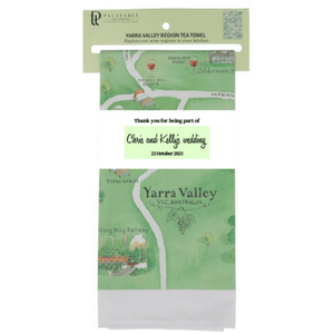 customised corporate or wedding guest gift Yarra Valley tea towel with custom belly band set of 100
