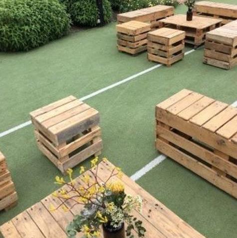Rent casual festival seating: Pallet crate rustic seat 47cm melbourne hire
