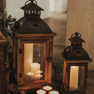 Rustic iron and wooden lanterns set of 2 Melbourne Hire